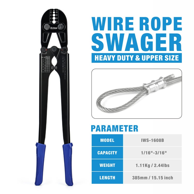 IWISS iCrimp IWS-1608B Wire Rope Crimping Tool for Aluminum Loop Sleeves, Duplex Oval Cable Ferrules 1/16â€™â€™ to 3/16â€™â€™, c/w Wire Rope Cable Cutter - Image 2